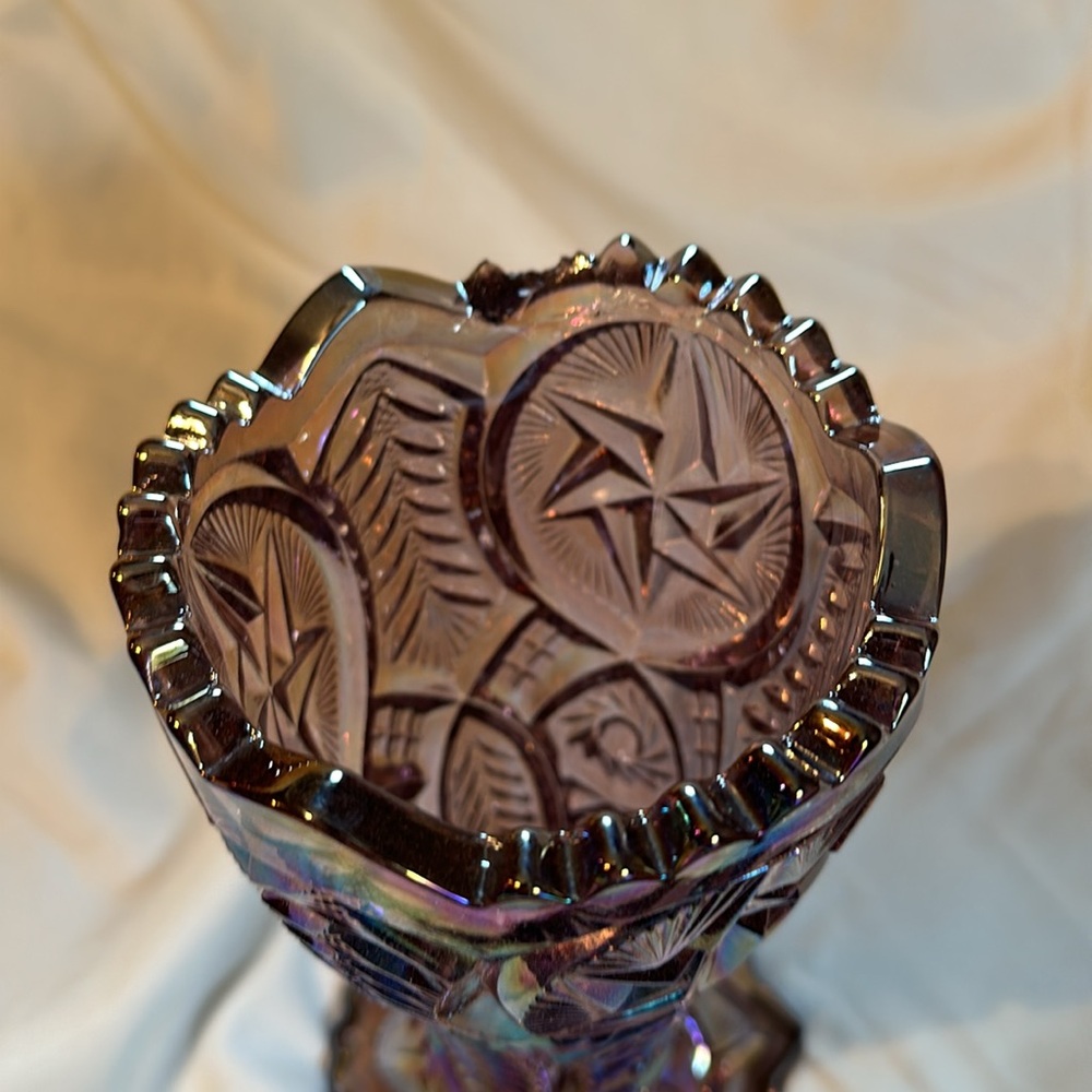 Vintage L. E. Smith Nortec Ohio Star Carnival Iridescent Amethyst Glass Vase 9" - Picture 5 of 10
